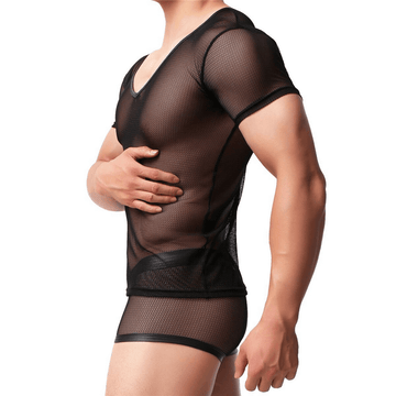 Men's Sexy Mesh T-Shirt and Low-Rise Boxer Briefs Set / Black Transparent Underwear for Men - EVE's SECRETS